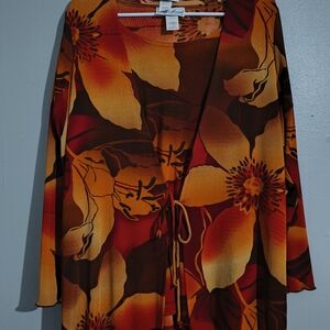 Carolyn Strauss Y2K Large 2 Piece 3/4 Sleeve Tunic W/Floral Tie-Front Cardigan